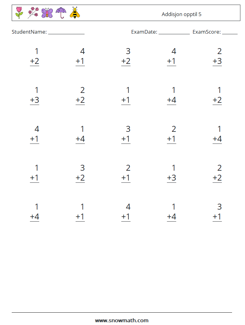 (25) Addisjon opptil 5 MathWorksheets 5