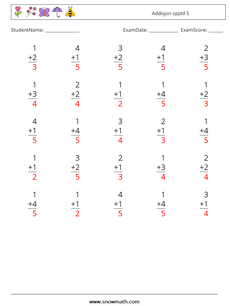 (25) Addisjon opptil 5 MathWorksheets 5 QuestionAnswer