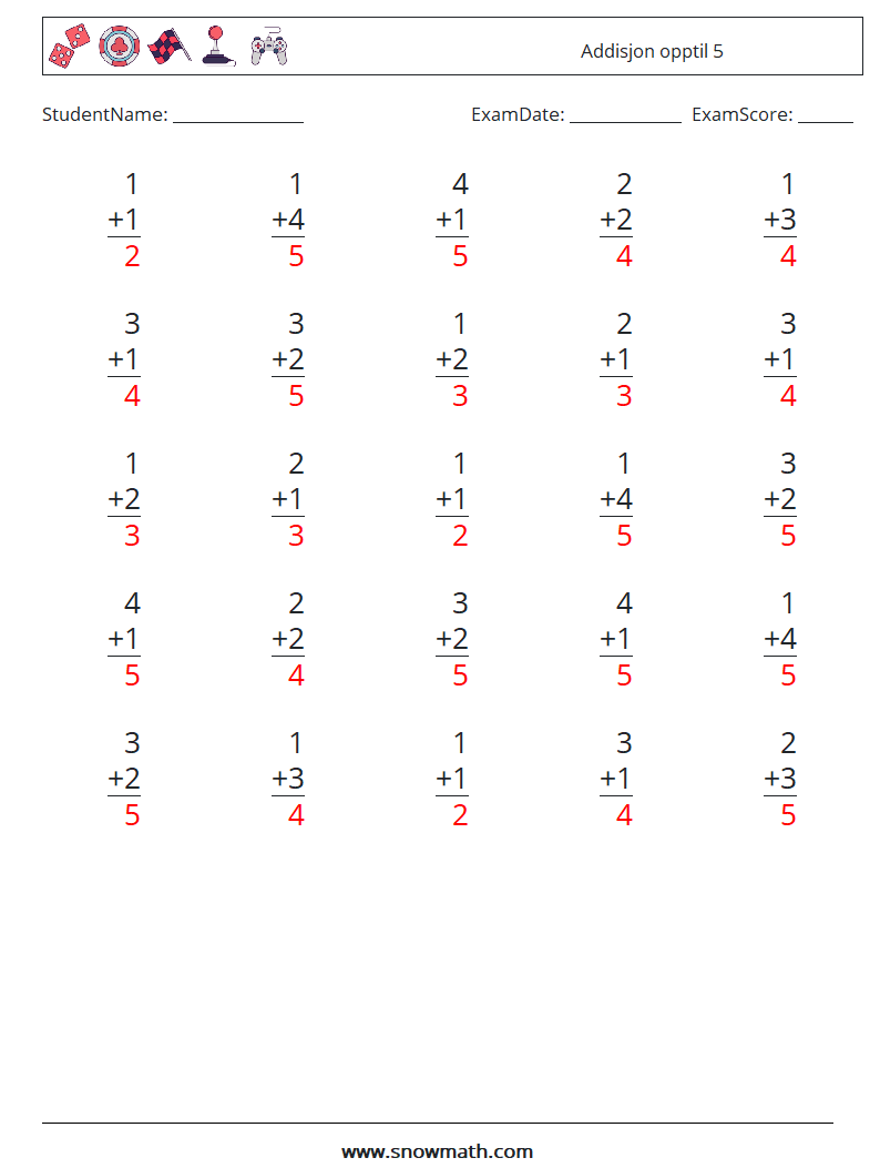 (25) Addisjon opptil 5 MathWorksheets 6 QuestionAnswer