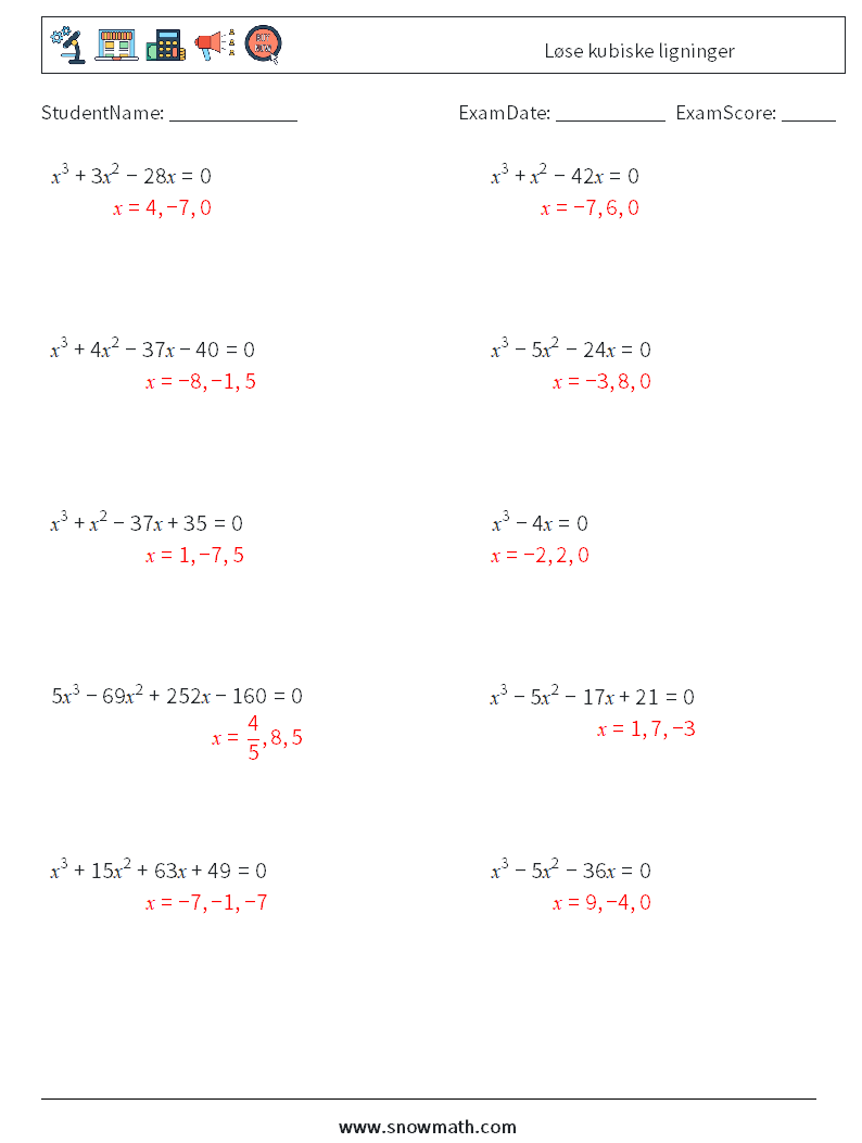 Løse kubiske ligninger MathWorksheets 1 QuestionAnswer
