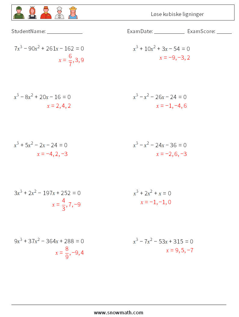 Løse kubiske ligninger MathWorksheets 2 QuestionAnswer