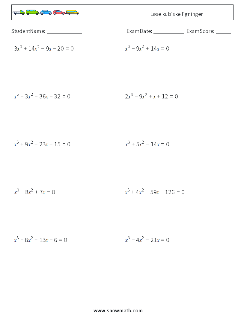 Løse kubiske ligninger MathWorksheets 3