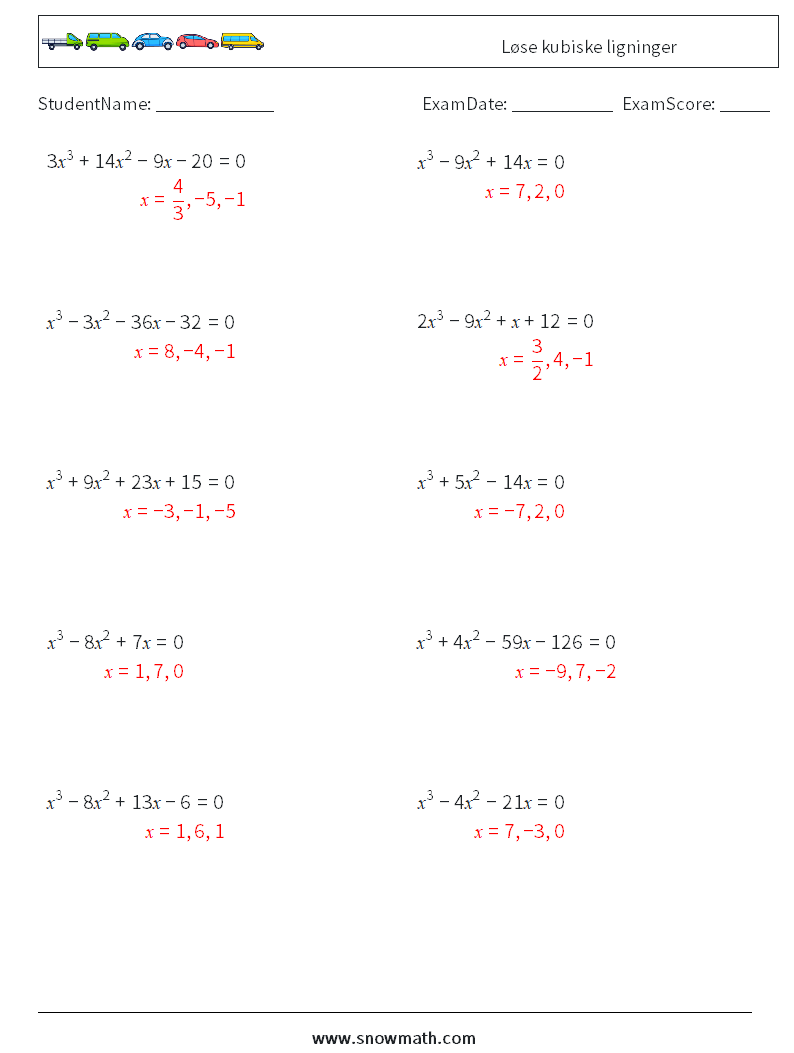 Løse kubiske ligninger MathWorksheets 3 QuestionAnswer