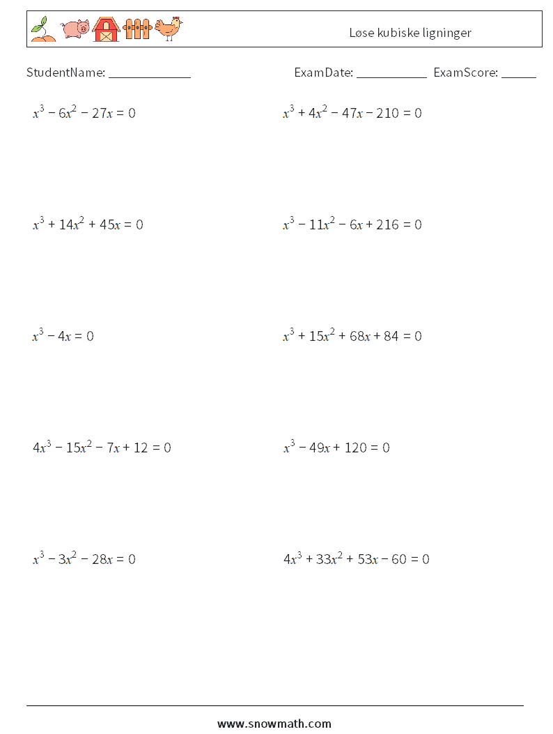 Løse kubiske ligninger MathWorksheets 4