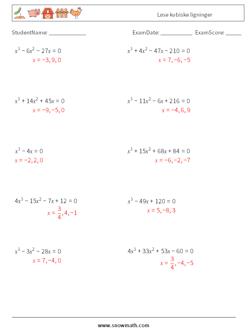 Løse kubiske ligninger MathWorksheets 4 QuestionAnswer