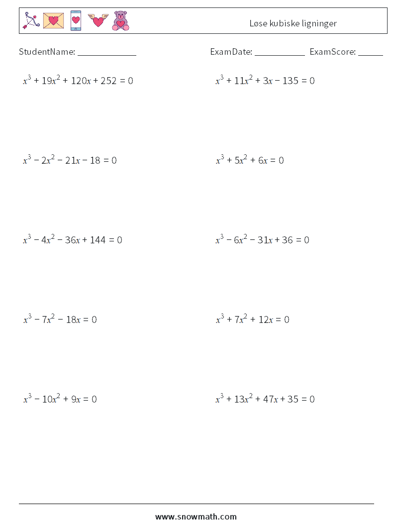 Løse kubiske ligninger MathWorksheets 5