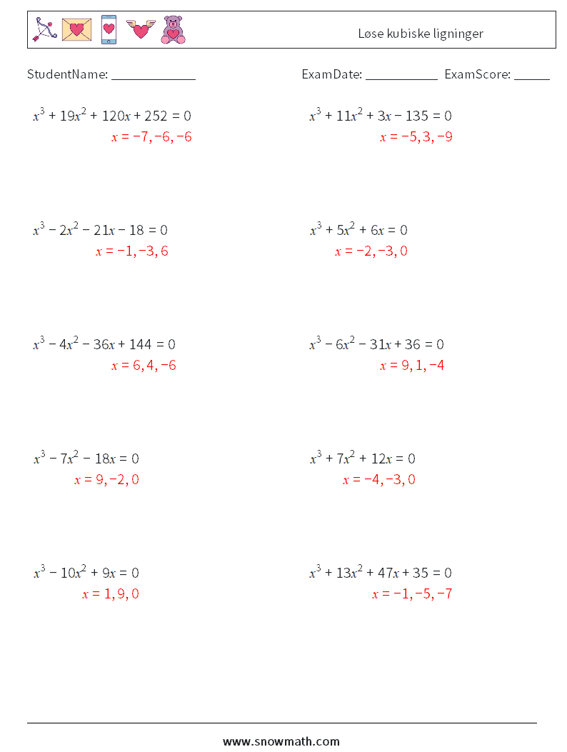 Løse kubiske ligninger MathWorksheets 5 QuestionAnswer