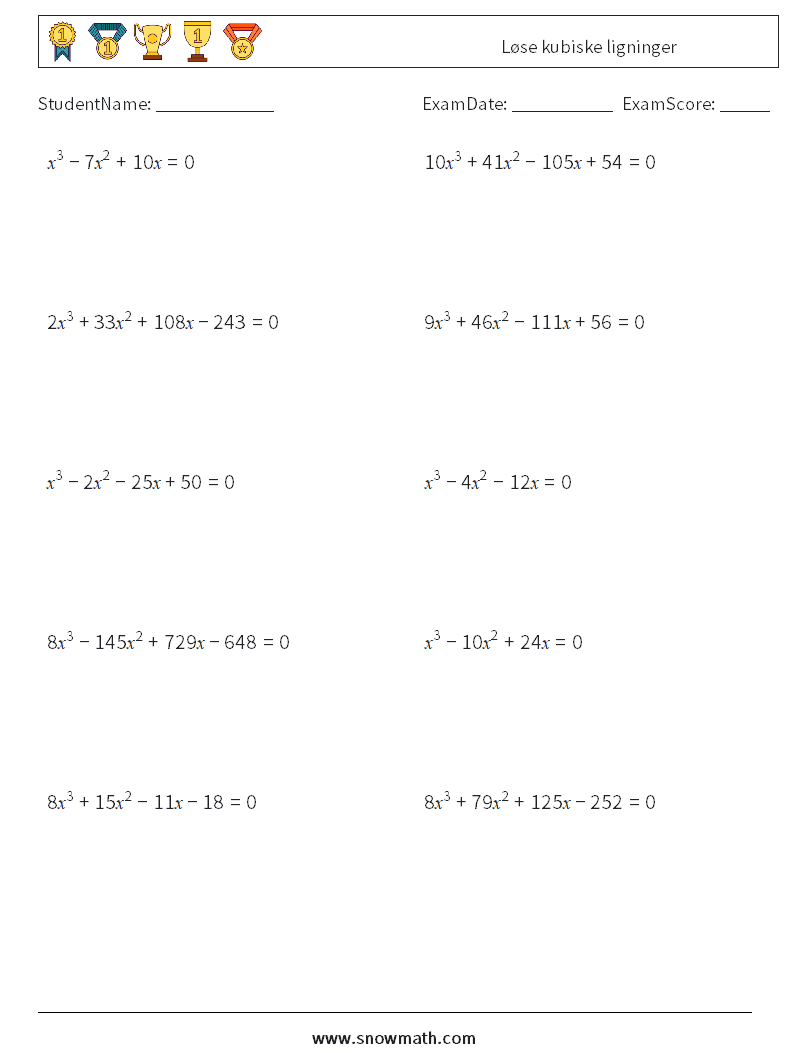 Løse kubiske ligninger MathWorksheets 6