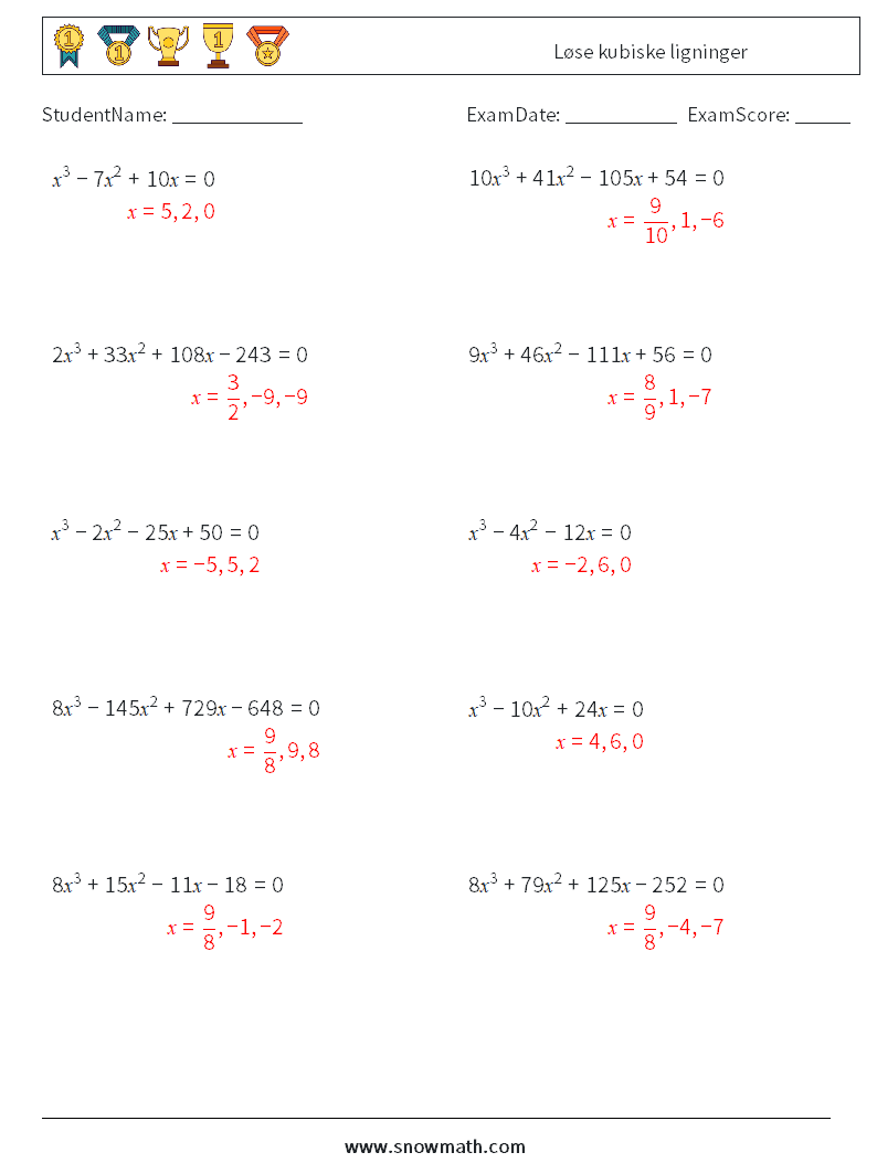 Løse kubiske ligninger MathWorksheets 6 QuestionAnswer