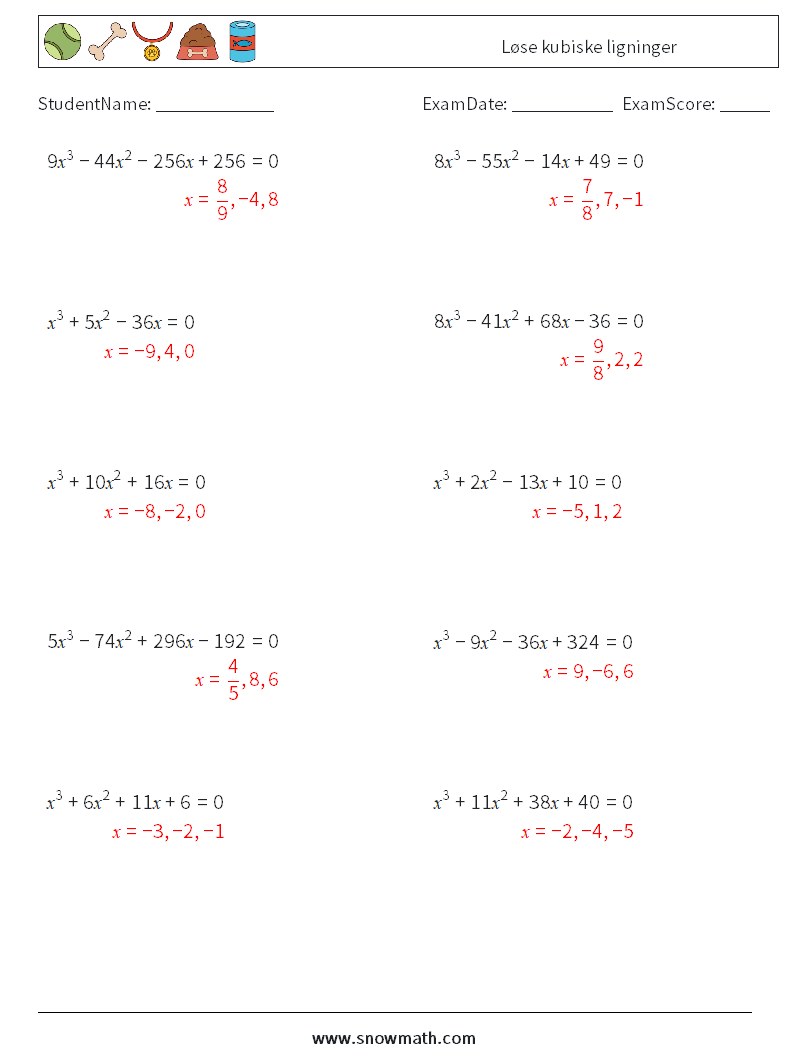 Løse kubiske ligninger MathWorksheets 7 QuestionAnswer