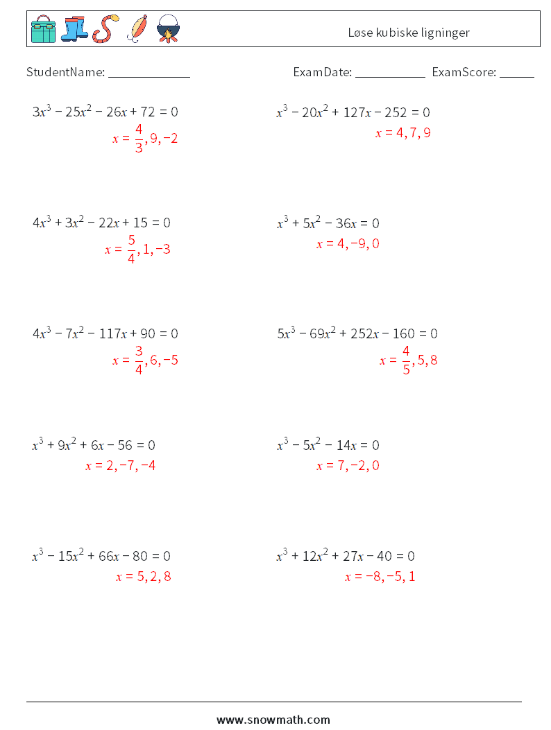 Løse kubiske ligninger MathWorksheets 8 QuestionAnswer