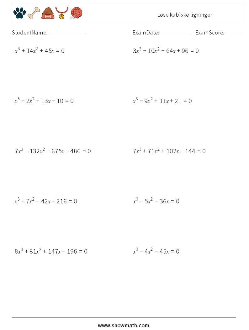 Løse kubiske ligninger MathWorksheets 9