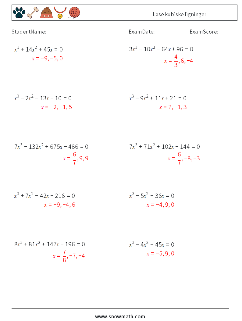 Løse kubiske ligninger MathWorksheets 9 QuestionAnswer