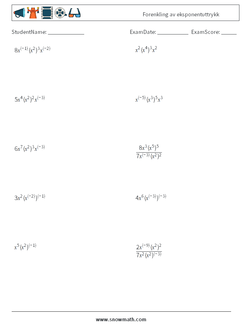  Forenkling av eksponentuttrykk MathWorksheets 1