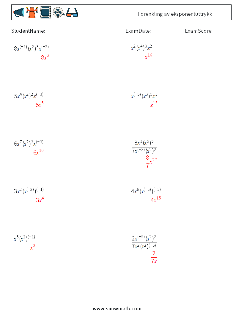  Forenkling av eksponentuttrykk MathWorksheets 1 QuestionAnswer