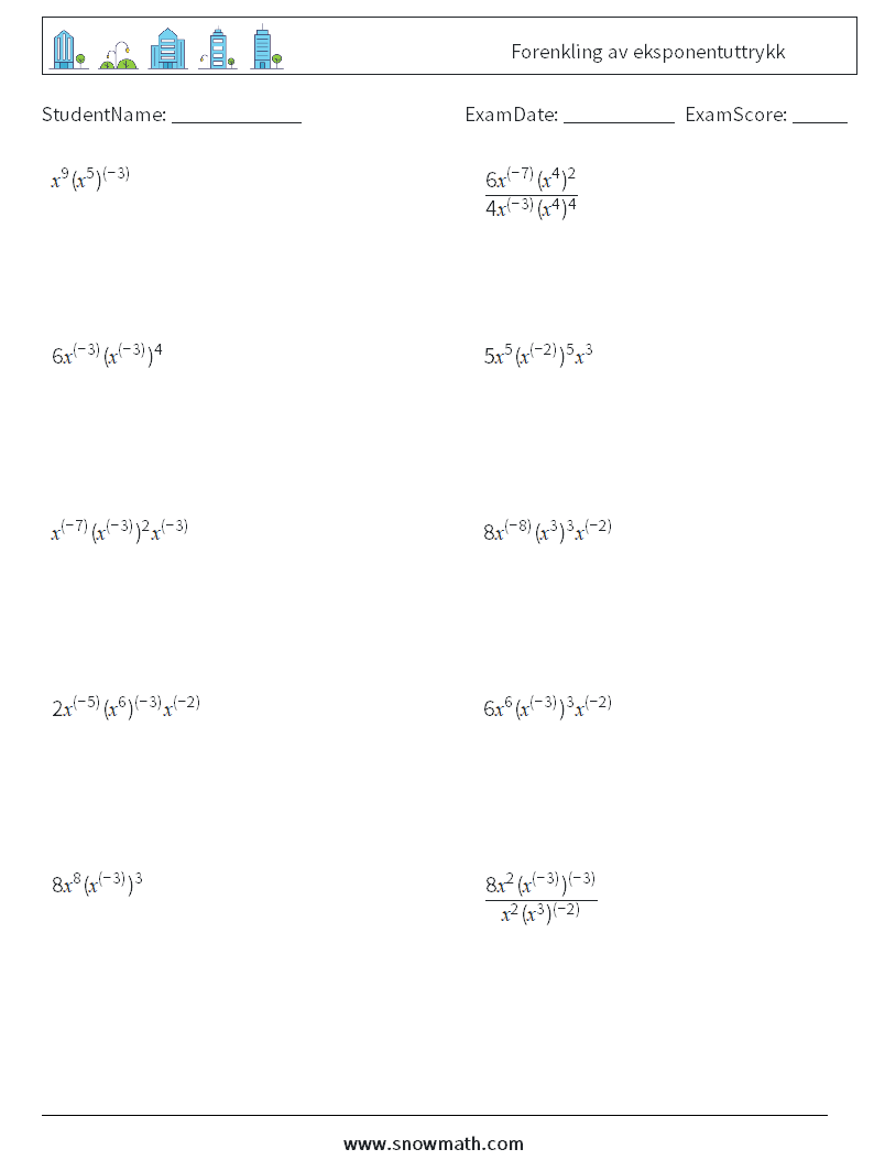  Forenkling av eksponentuttrykk MathWorksheets 2