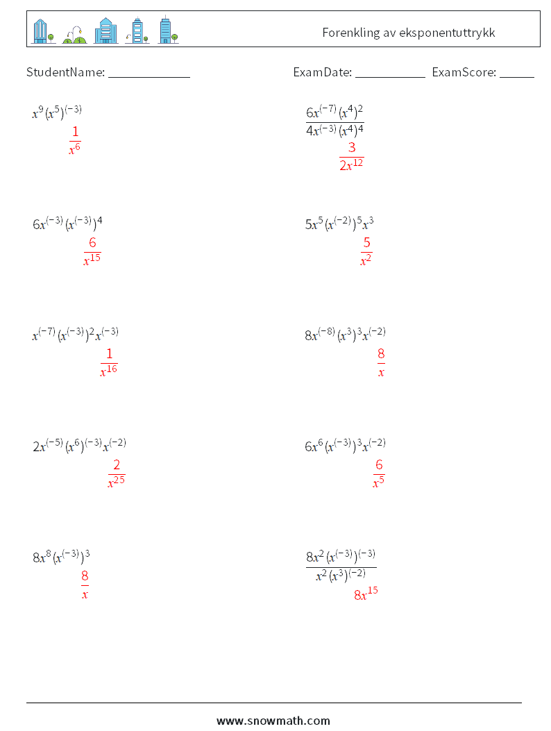  Forenkling av eksponentuttrykk MathWorksheets 2 QuestionAnswer