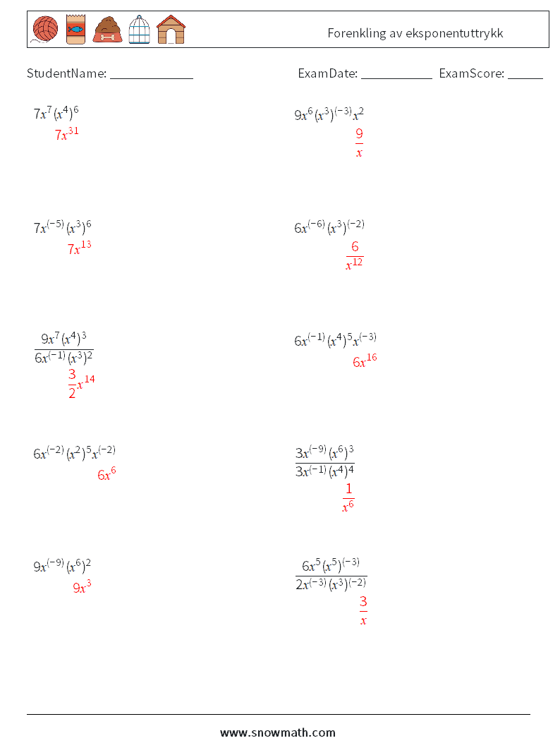  Forenkling av eksponentuttrykk MathWorksheets 3 QuestionAnswer