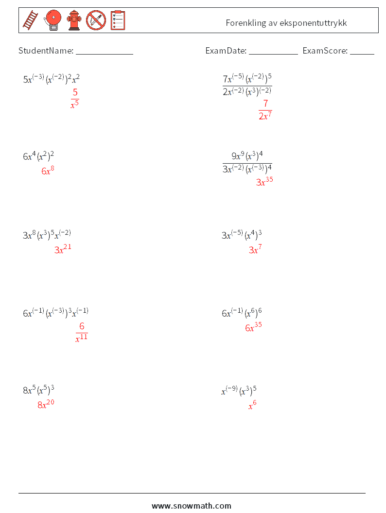  Forenkling av eksponentuttrykk MathWorksheets 4 QuestionAnswer