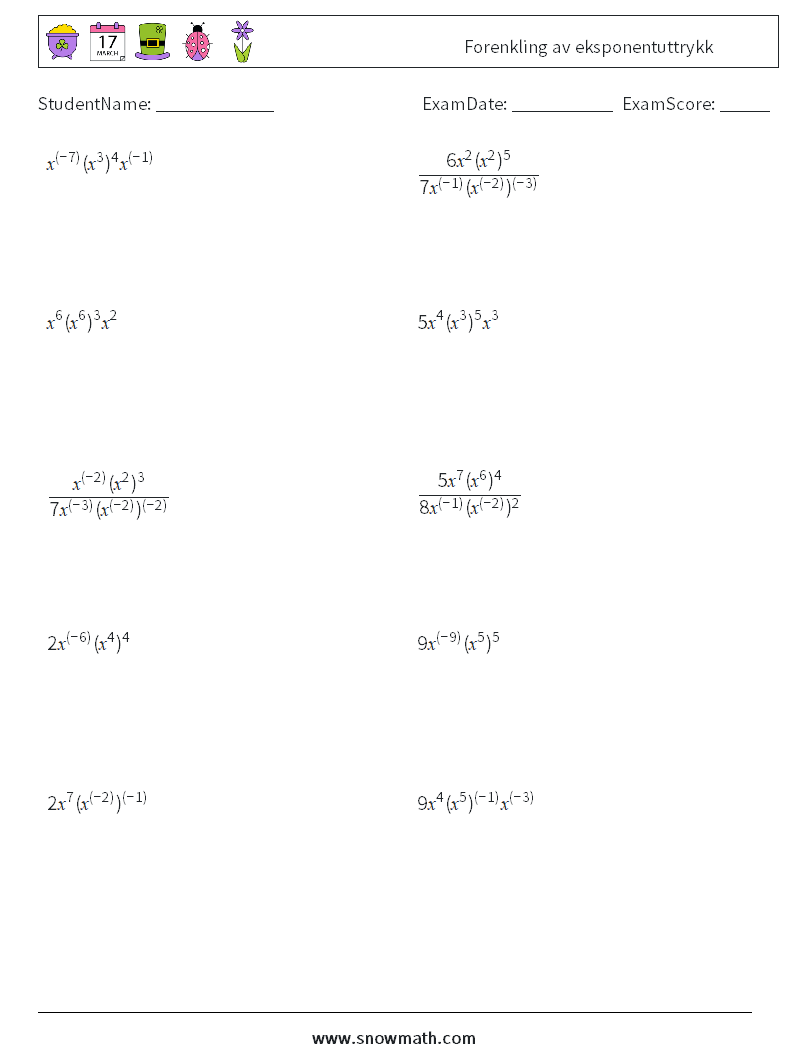  Forenkling av eksponentuttrykk MathWorksheets 5