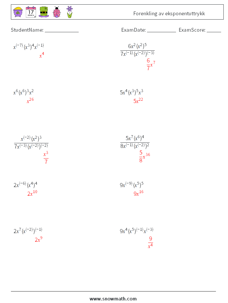  Forenkling av eksponentuttrykk MathWorksheets 5 QuestionAnswer