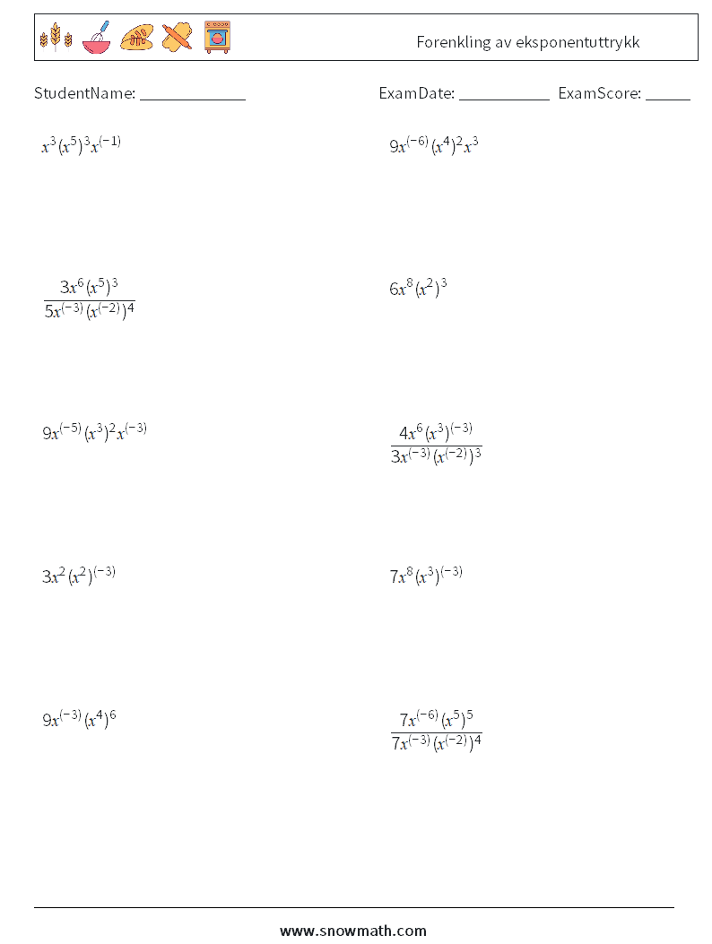  Forenkling av eksponentuttrykk MathWorksheets 6