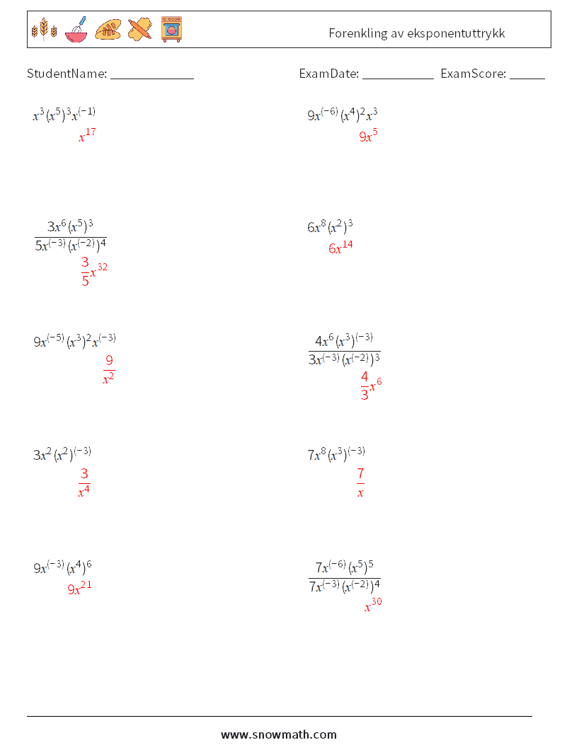  Forenkling av eksponentuttrykk MathWorksheets 6 QuestionAnswer