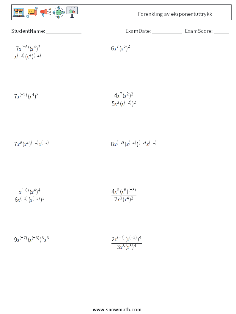  Forenkling av eksponentuttrykk MathWorksheets 7