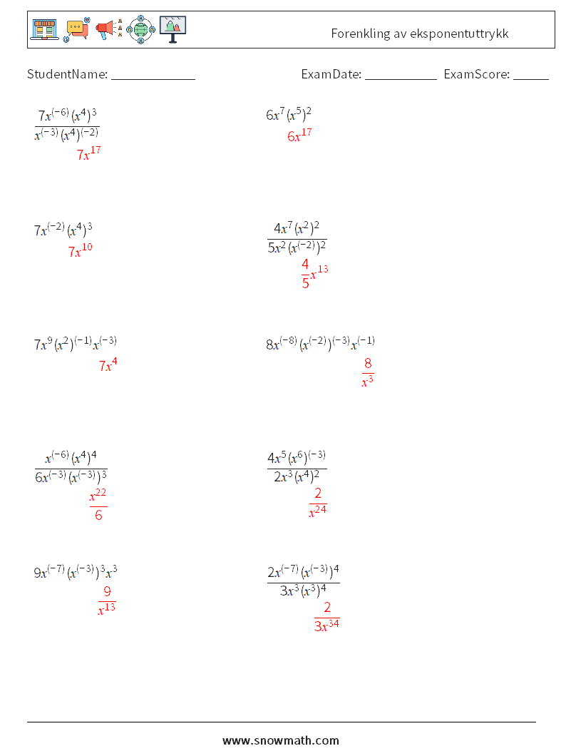  Forenkling av eksponentuttrykk MathWorksheets 7 QuestionAnswer