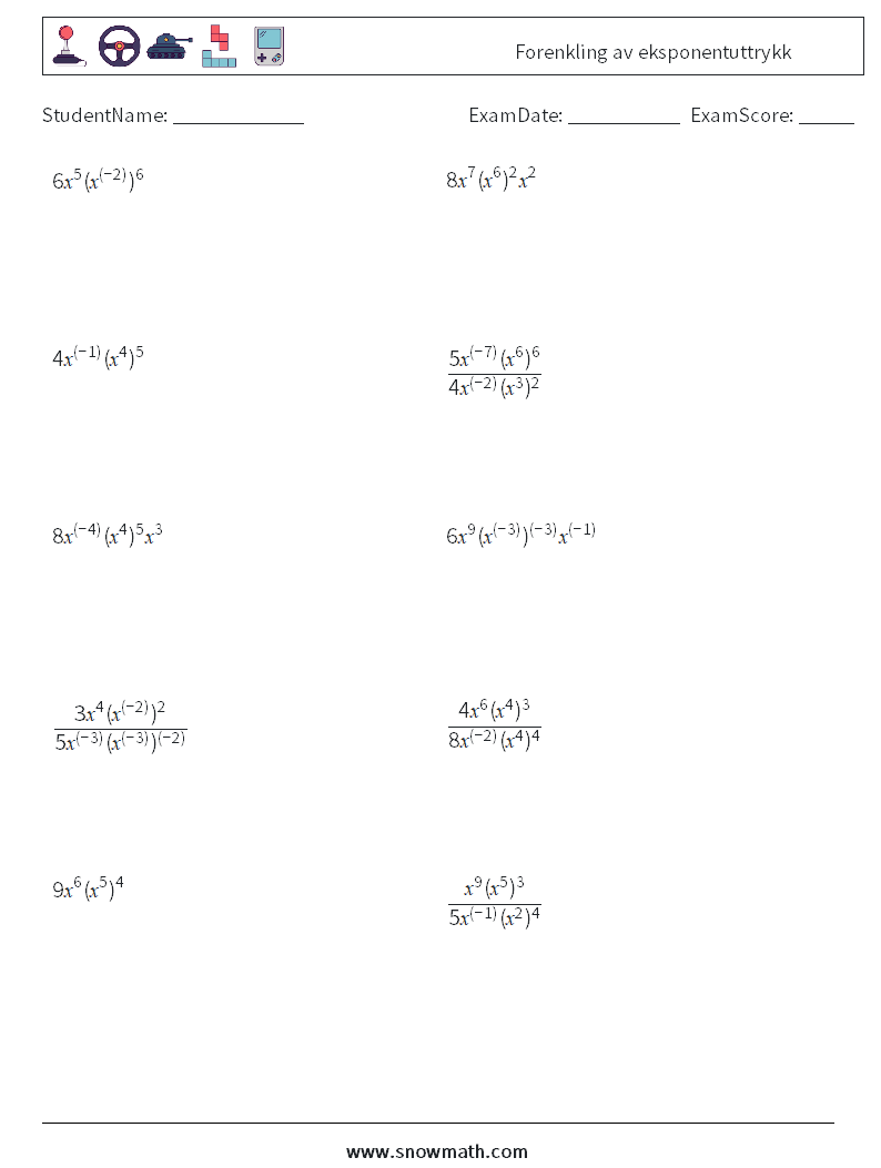  Forenkling av eksponentuttrykk MathWorksheets 8