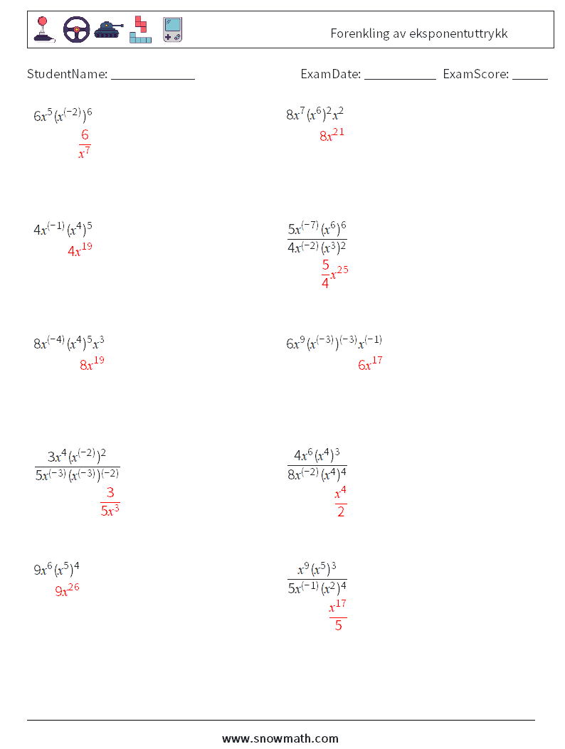  Forenkling av eksponentuttrykk MathWorksheets 8 QuestionAnswer