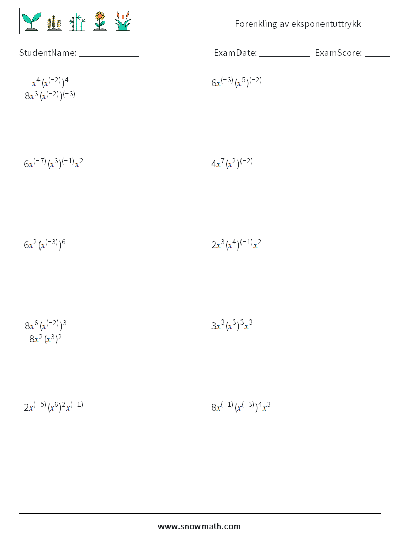  Forenkling av eksponentuttrykk MathWorksheets 9