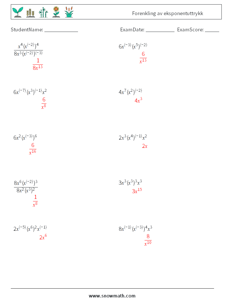  Forenkling av eksponentuttrykk MathWorksheets 9 QuestionAnswer