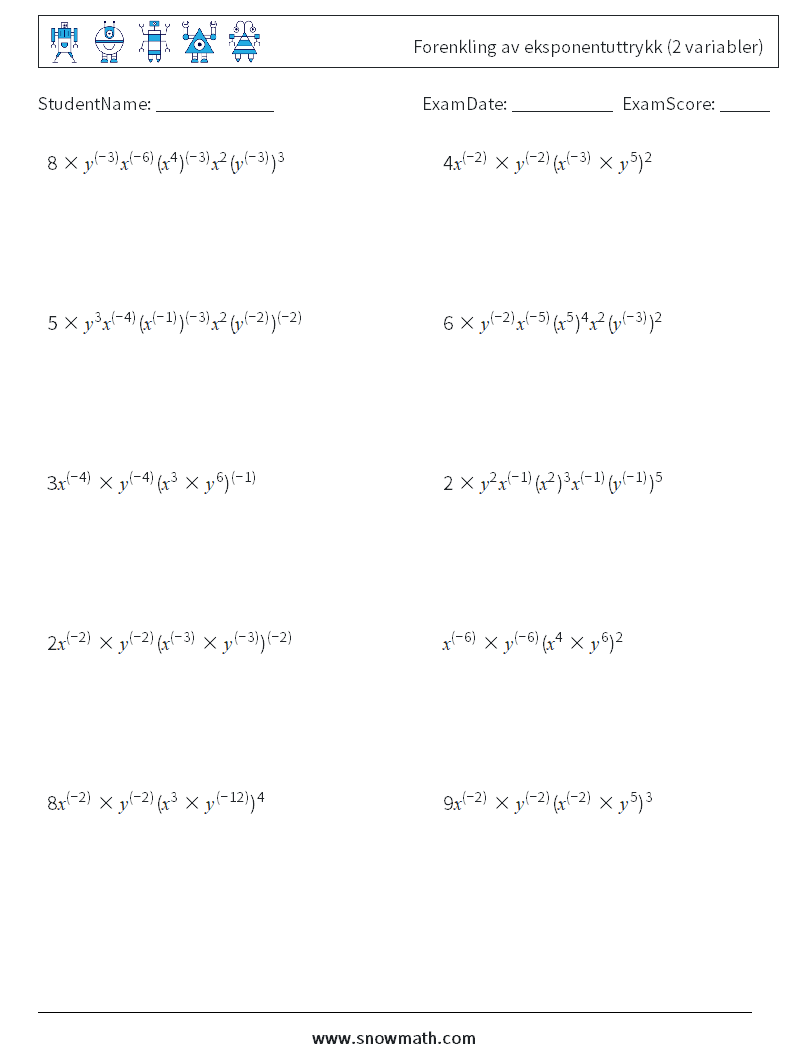  Forenkling av eksponentuttrykk (2 variabler) MathWorksheets 1