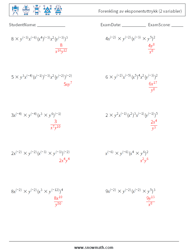  Forenkling av eksponentuttrykk (2 variabler) MathWorksheets 1 QuestionAnswer