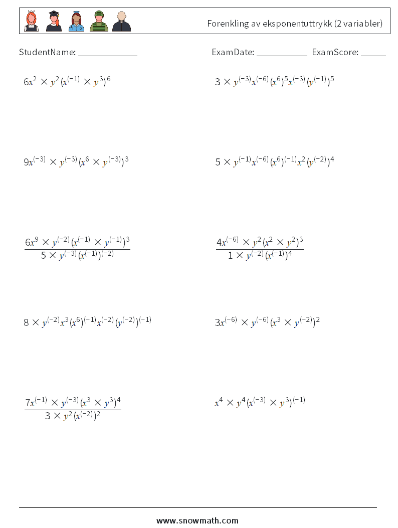  Forenkling av eksponentuttrykk (2 variabler) MathWorksheets 2