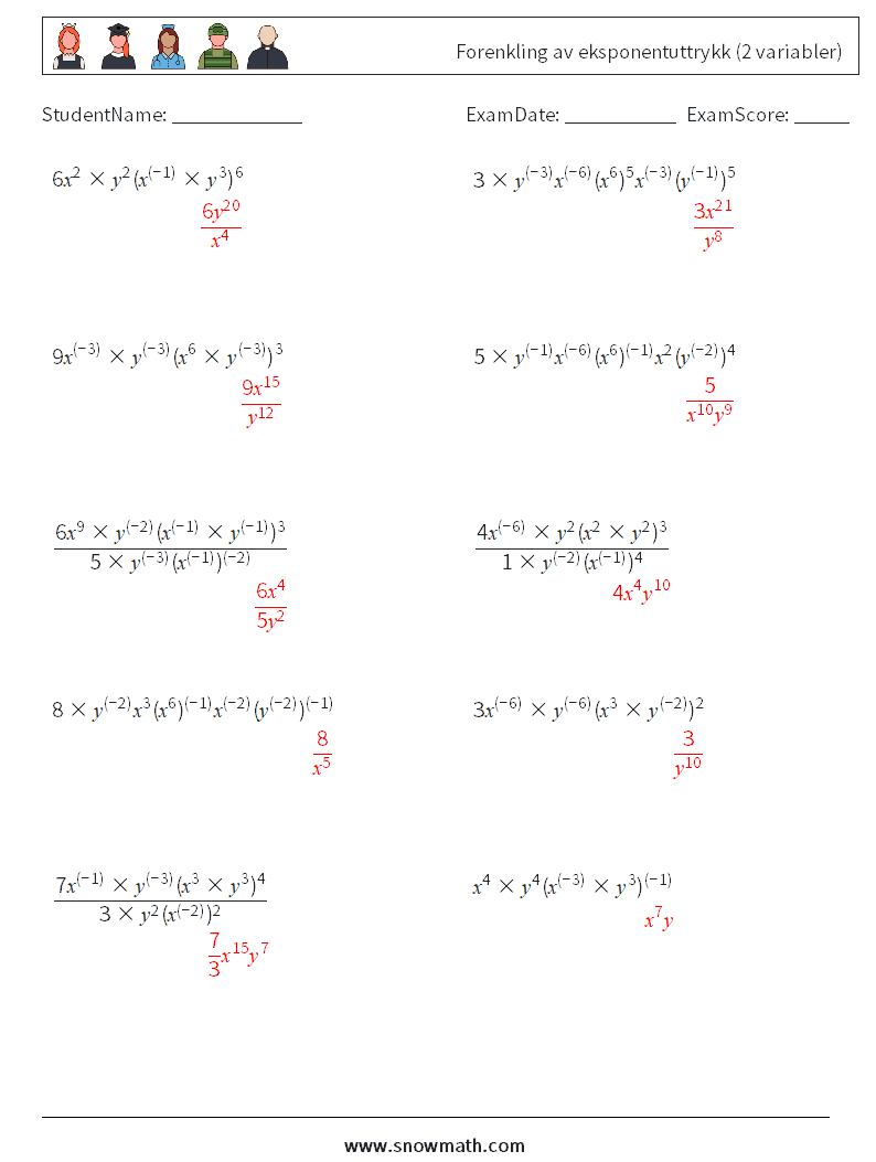  Forenkling av eksponentuttrykk (2 variabler) MathWorksheets 2 QuestionAnswer