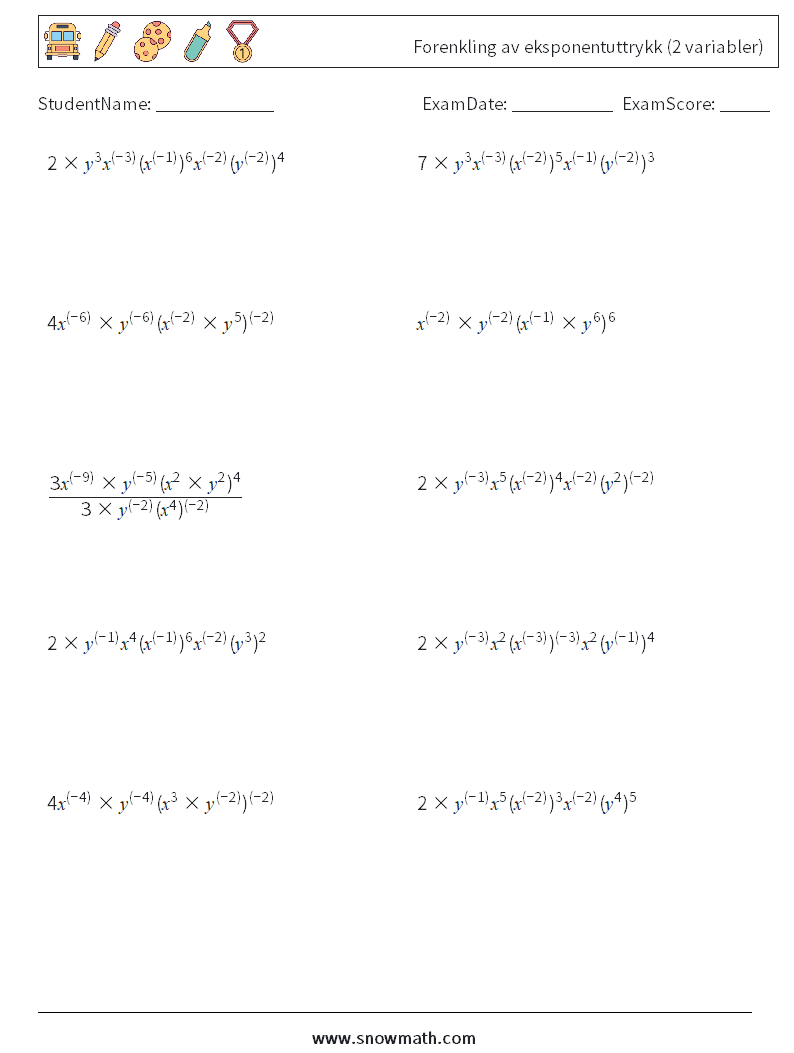  Forenkling av eksponentuttrykk (2 variabler) MathWorksheets 3