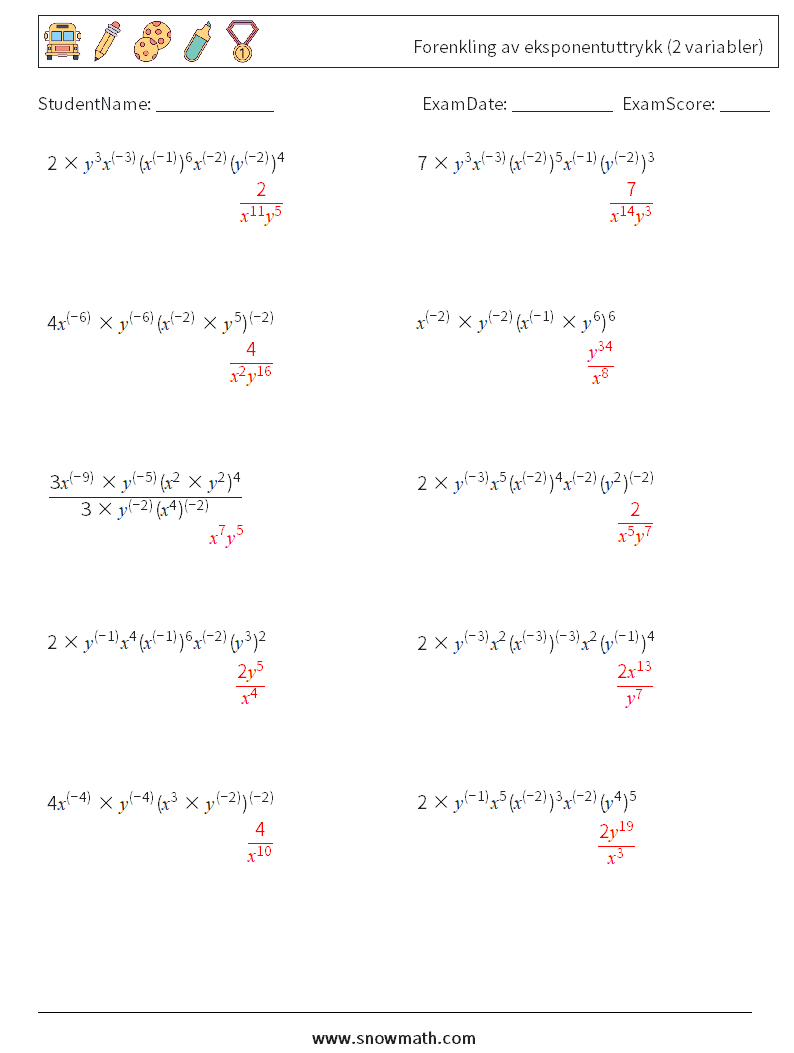  Forenkling av eksponentuttrykk (2 variabler) MathWorksheets 3 QuestionAnswer