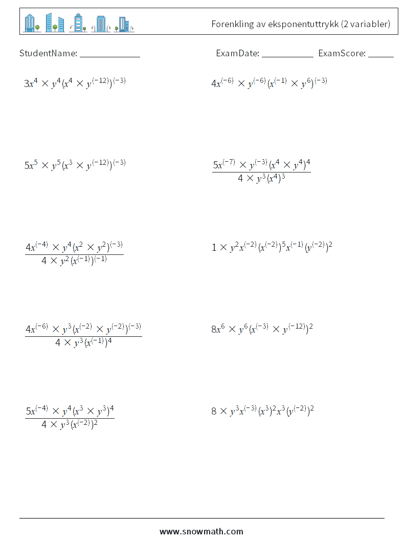  Forenkling av eksponentuttrykk (2 variabler) MathWorksheets 4