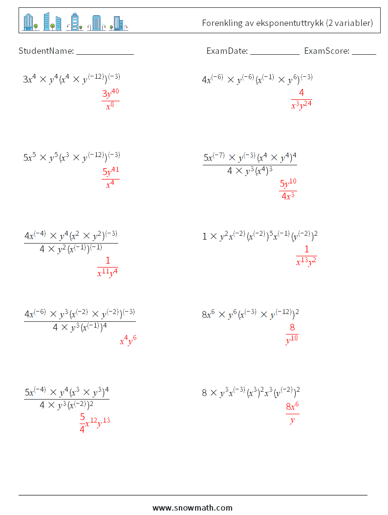  Forenkling av eksponentuttrykk (2 variabler) MathWorksheets 4 QuestionAnswer