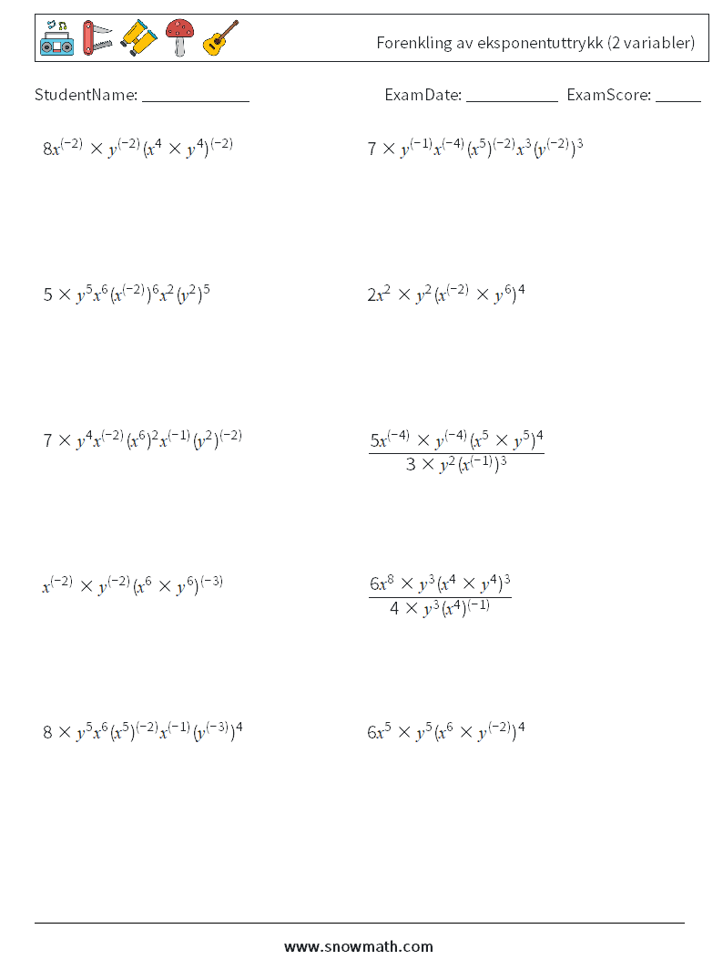  Forenkling av eksponentuttrykk (2 variabler) MathWorksheets 5