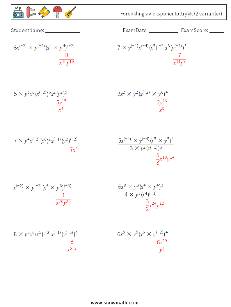  Forenkling av eksponentuttrykk (2 variabler) MathWorksheets 5 QuestionAnswer