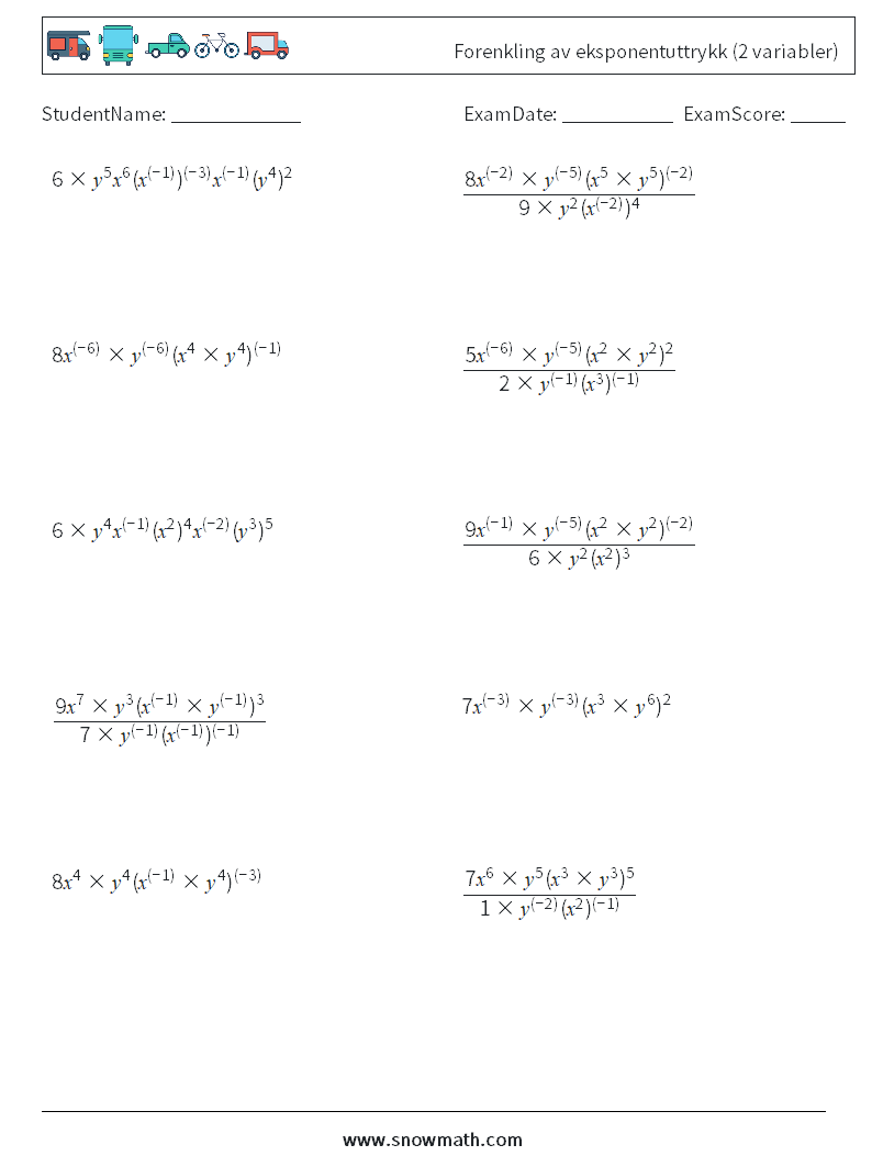  Forenkling av eksponentuttrykk (2 variabler) MathWorksheets 6