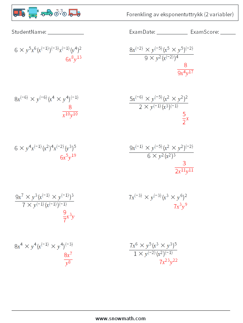  Forenkling av eksponentuttrykk (2 variabler) MathWorksheets 6 QuestionAnswer