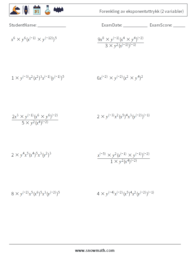  Forenkling av eksponentuttrykk (2 variabler) MathWorksheets 7