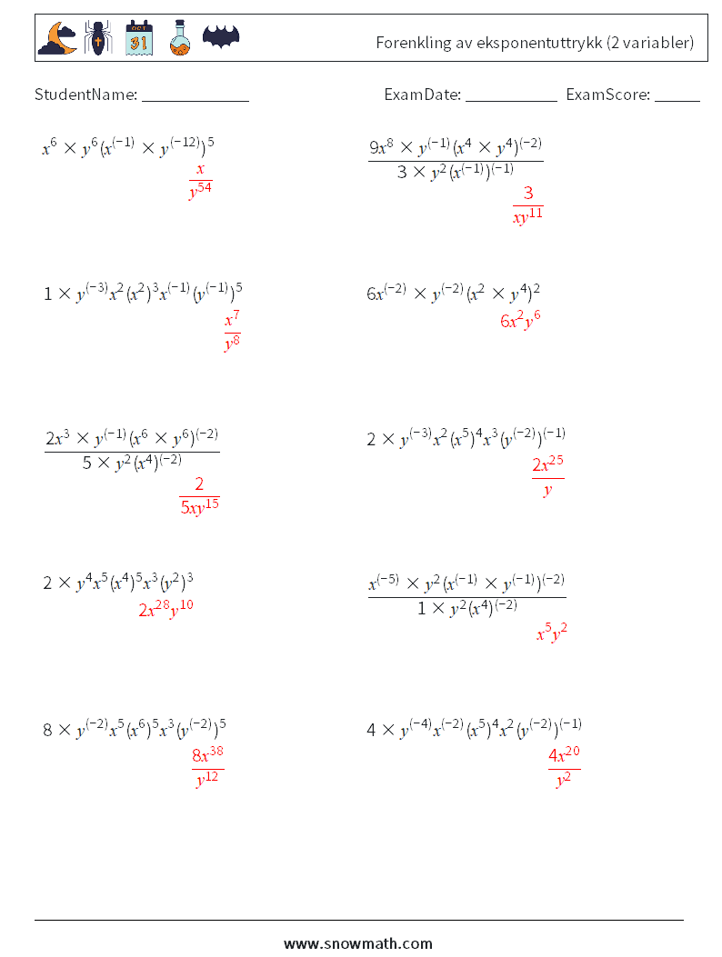  Forenkling av eksponentuttrykk (2 variabler) MathWorksheets 7 QuestionAnswer