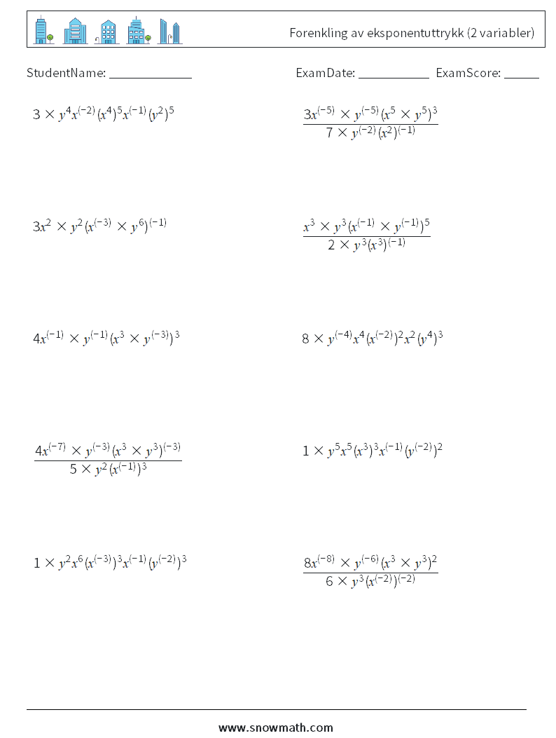  Forenkling av eksponentuttrykk (2 variabler) MathWorksheets 8