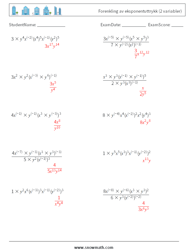  Forenkling av eksponentuttrykk (2 variabler) MathWorksheets 8 QuestionAnswer