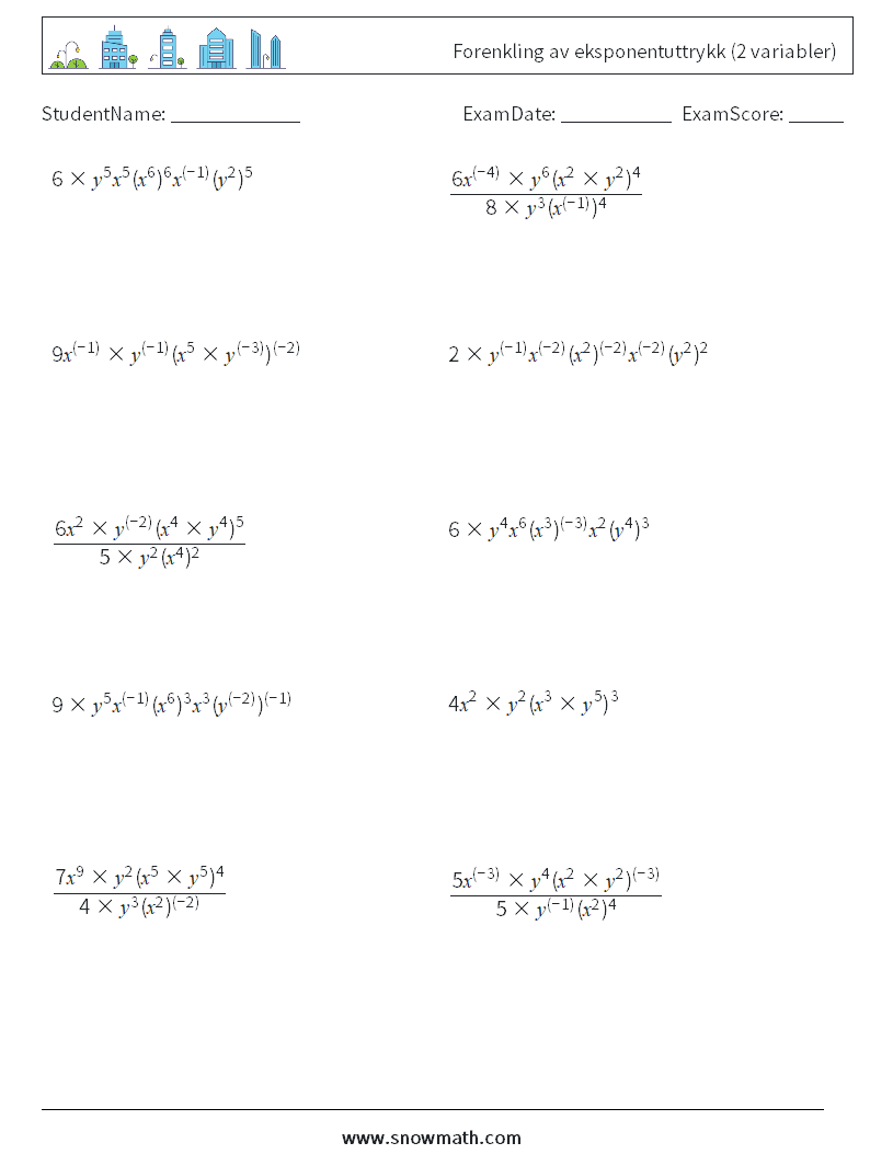  Forenkling av eksponentuttrykk (2 variabler) MathWorksheets 9